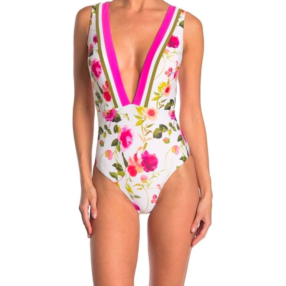 Nanette Lepore Pink Floral Priya Plunge Neck Line One Piece Swimsuit Size 8 $162